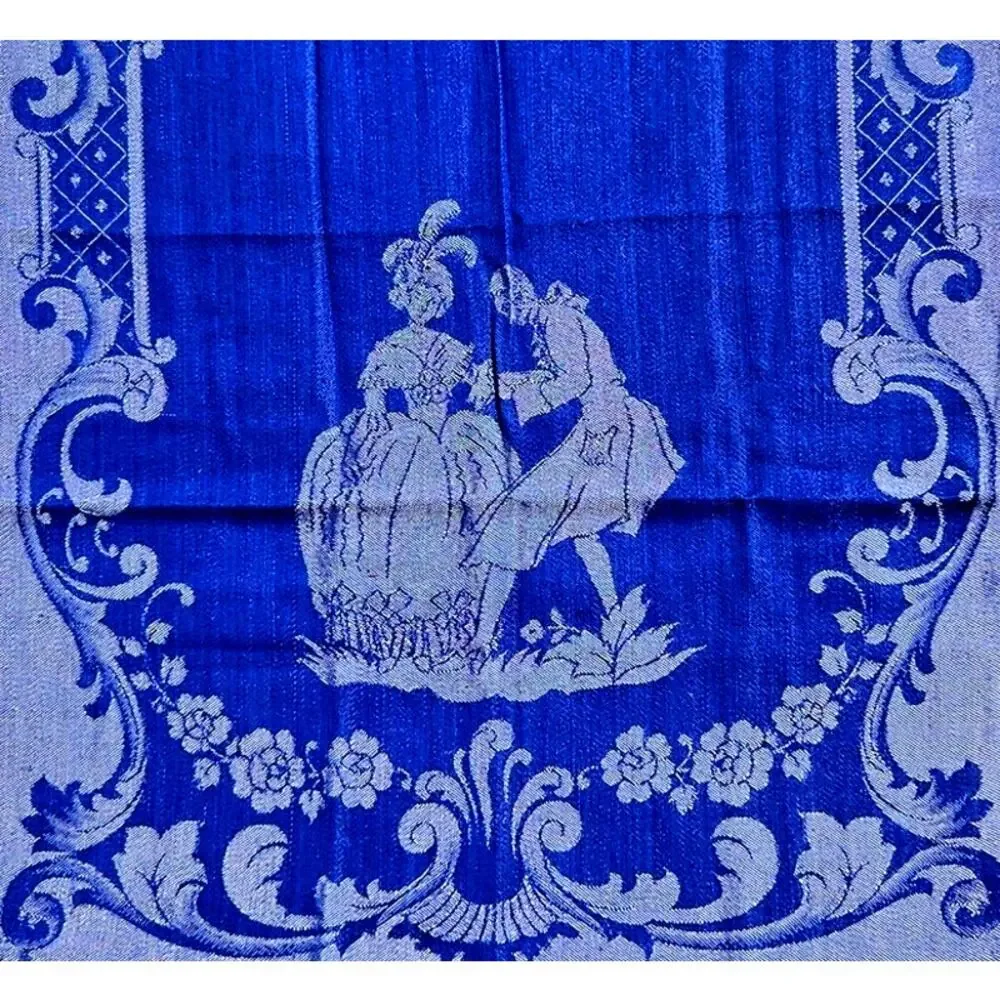 Cobalt Blue Damask Textile Hand Towel Courting Couple 14x21 Vintage 1950